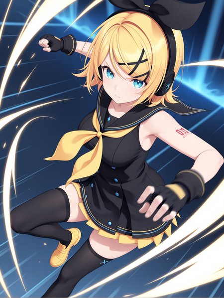 masterpiece,best quality,newest,
1girl,solo,
medium breasts,<lora:s_k_rim_ilxl_v1.0:1>,h_b,hair bow,h_p,headphones,rin,x hair ornament,swept bangs,blonde hair,blue eyes,short hair,r_clothes,sblack sailor collar,yellow neckerchief,sleeveless dress,black short dress,fingerless gloves,black_thighhighs,yellow shoes,
<lora:Fixhands_anime_bdsqlsz_V1:1>,looking at viewer,(motion_blur:1.3),(motion line:1.2),(speed_lines:1.1),fighting_stance,aura effect,fighting,dynamic_angle,cinematic_angle,serious,flying,