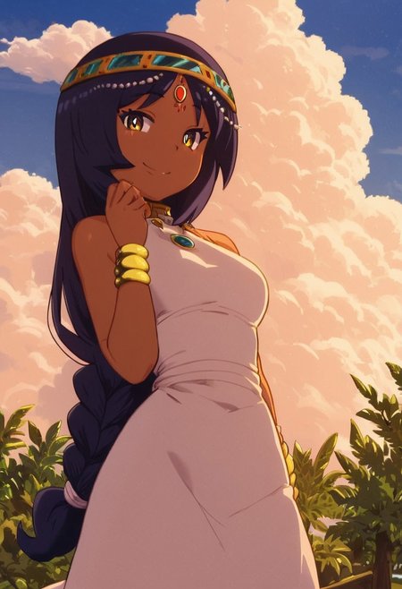 score_9, score_8_up, score_8, medium breasts, (curvy), cute, eyelashes,       
BREAK,
,,,
zzSerket, dark skin, large breasts, dress, bare shoulders, jewelry, very long hair, bracelet, single braid, circlet,, 
,,,
BREAK,
smile, looking at viewer, cowboy shot, outdoors, sky, day, cloud, tree, blue sky, sunny, 
Expressiveh,