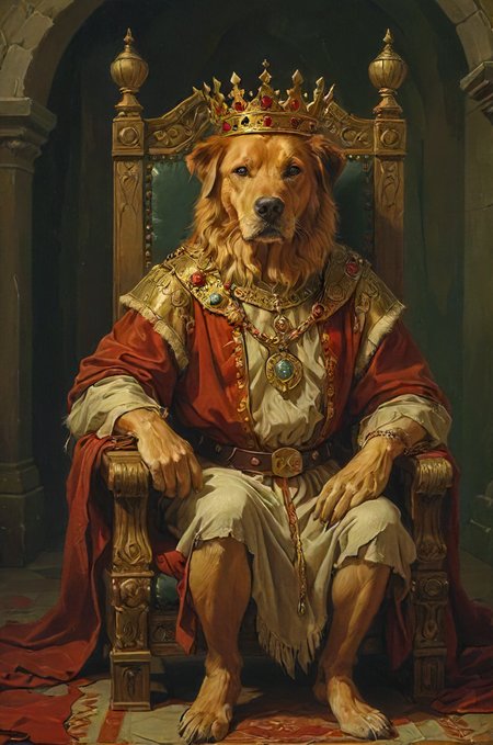 doggo? + king? throne? castel?... stoic ruler of peasant folk, audience, bored by your meaningless problems, to much jewelry,   <lora:- SDXL - vanta-black_contrast_V3.0:0.8> <lora:SDXL - Style - EldritchRomanceIllustration1.3.1:0.5>