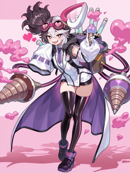 vanquish soul dr. mad love,1girl,solo,tongue out,smile,open mouth,see-through sleeves,looking at viewer,full body,pixel heart,fang,single sleeve past fingers,test tube,standing,white pupils,extra mechanical arms,blush,zipper,backpack,holding cone \(weapon\),cone \(weapon\),white hair ornament,goggles on head,white collared shirt,white labcoat,purple necktie,single white glove,black short shorts,black thighhighs,purple sneakers,drill,purple smoke,holding test tube,dual wielding,
masterpiece,best quality,amazing quality,very aesthetic,absurdres,newest,<lora:Vanquish Soul Dr. Mad Love illusXL v1.1:0.72>,