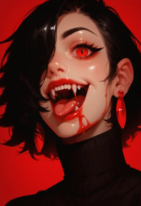 lurry background, sky, depth of field,  lens flare, , dynamic lighting, blood, blood on face, 
1girl, solo, jewelry, earrings, fangs, red eyes, looking at viewer, open mouth, red background, black hair, red eyelashes, portrait, turtleneck, smile, makeup, teeth, red theme, tongue, , short hair,  , hair over one eye,, zPDXL3, detailxl,  Score_PnyReal, (lineless:1.5)
