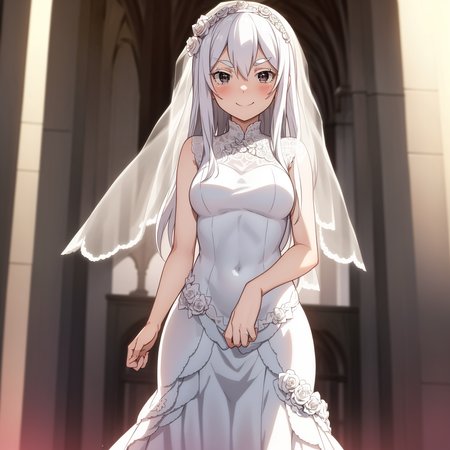 masterpiece,best quality,anime,2d,detailed eyes,
<lora:EchidnaNAI:0.9>
1girl,solo,cowboy shot, very long hair, white hair, black eyes, colored eyelashes, white_eyelashes,hair between eyes, medium breasts, standing, cathedral, ,temple,white_eyebrows,blush,smile,happy, (wedding dress:1.3), bridal veil,