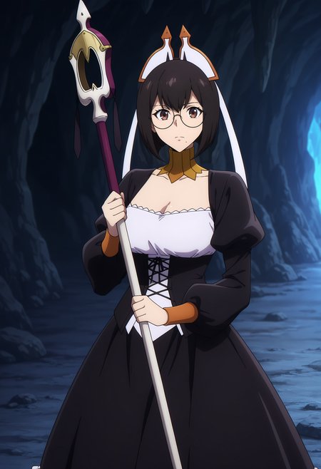 anime screencap, masterpiece, best quality,
<lora:SoloLeveling_LeeBora_IlluXL:0.9>,
1girl, solo, closed mouth,
short hair, black hair, brown eyes, mole under mouth, round eyewear,
LeeBora, hair ribbon, white ribbon, detached collar, black dress, white dress, corset, frilled skirt, medium skirt, black skirt, juliet sleeves, 
holding staff,
standing, looking at the viewer, cowboy shot,
cave, dark