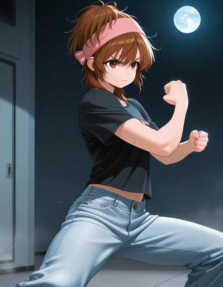 masterpiece, best_quality, amazing_quality, 1girl, solo,momokochar, short_hair, moon base, fighting_stance, serious, t-shirt, jeans,