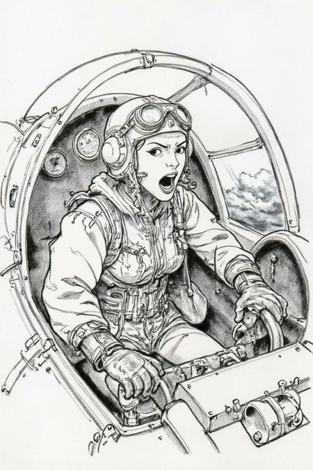 kj9 illustration.
A female pilot screaming inside the cockpit of a World War II bomber. The pilot, wearing a vintage leather flight helmet with goggles and a bomber jacket, grips the controls with white-knuckled hands. Her face is contorted in a mix of fear and determination as she yells, her eyes wide with adrenaline. The cockpit is cramped and filled with old-fashioned dials and gauges, with the outside view showing dark stormy clouds and distant anti-aircraft fire
The background is stark white. <lora:kj91_cap_d6a3e12:1.0><lora:819905370144282258:0>