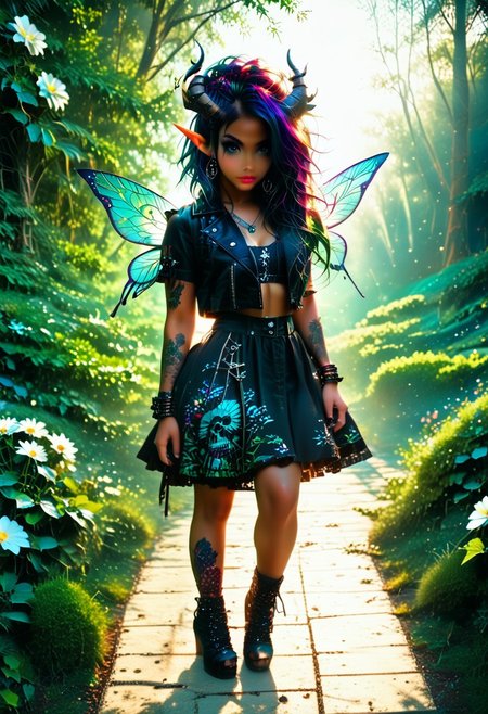 Goth, emo, fairy, humanoid feminine fairy, dark skin, intricate pearlescent horns set against a vibrant green background. Full body shot The fairie face is expressive, with a hint of curiosity and intelligence in its gaze. Its body is covered in intricate patterns and markings, suggesting a complex and ancient culture. The background is filled with flowers and mushrooms, creating a sense of mystery and wonder. The flowers in her hair are a perfect, and they add a touch of femininity to her otherwise magical appearance. The forest is a perfect setting for this image, and it adds to the overall sense of mystery and intrigue. The fairies wings are sleek and shiny.
BREAK
HDR, (high contrast), (vibrant color), (ultra sharp), detailed textures, sharp focus, ultra-high pixel detail, intricate, realistic, movie scene, cinematic, high-quality, full colors, incredibly detailed, 4k, 8k, 16k, hyper-realistic, RAW photo, masterpiece, ultra-detailed, professionally color graded, professional photography, stunning quality, ultra-high resolution, photorealistic, 8k, hyper-realistic, Rembrandt lighting