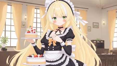 inis, blonde hair, ahoge, streaked hair, green eyes, black headband with white ribbon, light orange bow on chest, virtual youtuber, best quality, solo
anime drawing, indoors, holding a cake, (maid outfit), thighhighs, 
 <lora:INIS-XL-t2-000003:0.6>