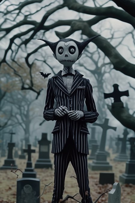 <lora:Director Tim Burton style:1>Director Tim Burton style - DVD screengrab of a live - action shot in a  style.  is standing in a gloomy cemetery surroundedeerie trees with gnarled branches. He's wearing his signature pinstripe suit, holding a menacing - looking bat, and staring directly at the camera with piercing eyes. Shot with an ARRI Alexa LF camera and a 50mm Zeiss Master Prime lens