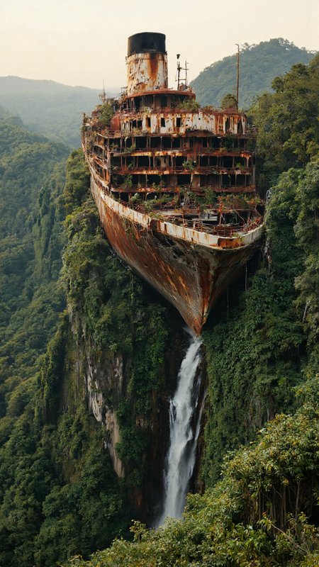 high-resolution photograph depicting a surreal scene of an abandoned, rusted cruise ship precariously perched atop a lush, verdant cliff. The ship, with its weather-beaten, corrugated metal exterior, appears to have been partially swallowed by the dense jungle that covers the cliff. The upper decks are overgrown with vines and moss, while the lower decks are partially submerged in a waterfall that cascades down the cliff face, creating a dramatic effect. The ship's superstructure is intact, with multiple decks visible, including a large, square funnel and a small, square structure that might be a lifeboat. The surrounding landscape is lush and green, with a variety of trees and plants covering the cliff and extending into the background. The sky is hazy, suggesting either early morning or late afternoon, with soft, diffused light casting a warm glow over the scene. The overall atmosphere is one of decay and rebirth, with the ship's rust and decay contrasting starkly with the vibrant, thriving vegetation. The image captures a sense of mystery and timelessness, blending the industrial past with the natural present.,aidmaimageupgrader, aidmaMJ6.1, intricate linework with expressive contrasts <lora:aidmaMJ6.1-FLUX-v0.5:0.7> <lora:aidmaImageUprader-FLUX-v0.3:0.4>