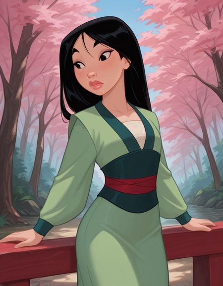 masterpiece, best quality, amazing quality, very aesthetic, absurdres,  newest, detailed background, cowboy shot, 4k, 8k, forest, cherry tree,
mulanxd, 1girl, solo, black hair, black eyes, dress, long hair, long sleeves, green japanese clothes, lips, 
 <lora:Mulan_-_Disney_Illustrious:1>