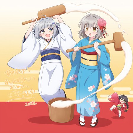 mochitsuki, mochi, mortar \(bowl\), holding mallet, mallet, holding hammer, 
mochitsuki, mochi, mortar \(bowl\),
2girls, :d, :o, ahoge, blue kimono, braid, fang, flower, food, grey hair, hair flower, hair intakes, hair ornament, happy new year, holding, japanese clothes, jumping, kimono, long hair, medium hair, multiple girls, new year, obi, sash, skin fang, smile, socks, standing, tabi, white kimono, white socks, yellow eyes
 <lora:mochi_v1_-000014:1>