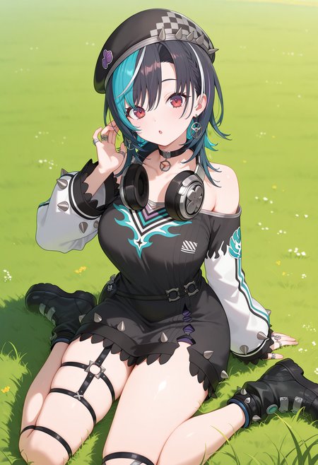 best quality, masterpiece, 1girl, aachihaya, medium hair, multicolored hair, black hair, beret, black headwear, earrings, red eyes, headphones around neck, black choker, off shoulder, black dress, long sleeves, ring, single garter strap, thigh strap, <lora:rindo_chihaya_ilxl_v1:0.9>, grass, field, wariza, :o, boots, black footwear,