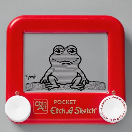 A photo of a red Etch A Sketch toy. The screen of the Etch A Sketch has a drawing of the Pepe the frog on the screen. <lora:Etch_A_Sketch-000009:1>