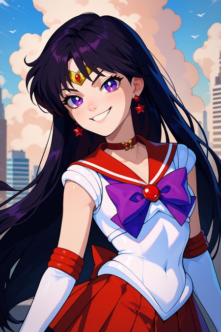 score_9, score_8_up, score_7_up, score_6_up, source_anime, 1girl, solo,  <lora:sailormars-pdxl-nvwls-v1-000005:1> slrmars, black hair, long hair, purple eyes, circlet, earrings, choker, red sailor collar, white shirt, sleeveless, white leotard, purple bowtie, red skirt, pleated skirt, white gloves, elbow gloves, upper body, smug, looking at you, smile, happy, blue sky, clouds, city, portrait