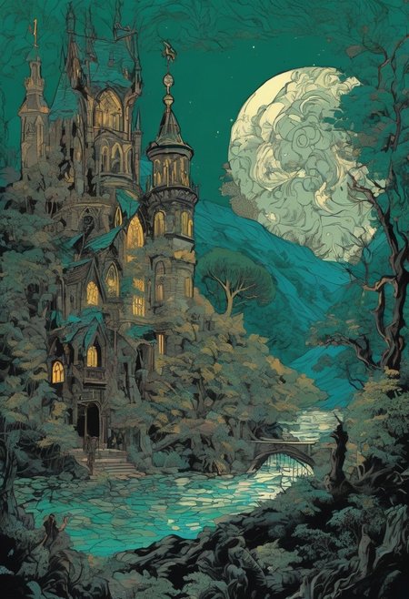 Fairy tale, (Trustworthy Vector image:1.3) of (Detailed illustration:1.3),(Relieving:1.3) ((Fantasy-themed, fantasy art, swift brush strokes)), (Pulp:0.9), ((Dark and grim colors and mood)), embossed in metal (Victorian Gothic Art:1.3),(Dark hue:1.3) Murasa Sproutling fanciful Bluff settled weather Dan Colen, Studio Ghibli Gold, Green medieval,(by Artist Jackson Pollock:1.3),(Flat style:1.3),Illustration,Behance,(Victorian Gothic Art:1.3),(Cyan hue:1.3), Magical, fantastical, enchanting, storybook style, highly detailed