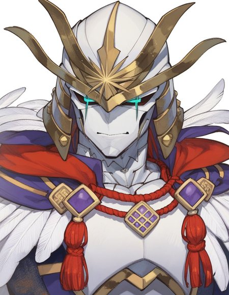 score_9, score_8_up, score_7_up, masterpiece, young boy, v-shaped eyebrows, 
<lora:FSR:1>, fsr,  solo,simple background,1boy,white background,upper body,male focus,armor,no humans,mask,helmet,feathers,rope,japanese armor,kabuto (helmet)
