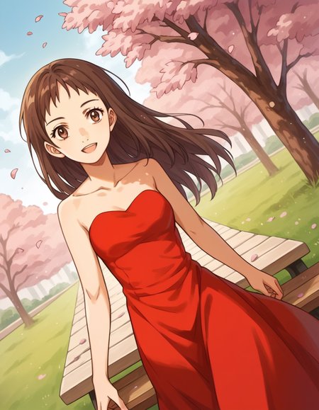 score_9, score_8_up, score_7_up, source_anime, <lora:emi-igawa-s1-ponyxl-lora-nochekaiser:1>,, emi igawa, long hair, brown eyes,, dress, red dress, collarbone, bare shoulders,, park, cherry blossoms, bench, gentle breeze, peaceful, running, open mouth,, smile, , hand resting on chin, solo,, cowboy shot, dutch angle