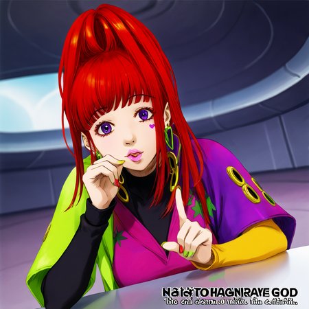 best quality, masterpiece, official artwork, semi-realistic, 1girl, solo, sq,  red hair, jewelry, earrings, purple eyes, lips, nail polish, makeup, long hair, ponytail, jacket, dress, spaceship room background, flashy, social, thinking face, one finger point on face, thinking, eye looking up