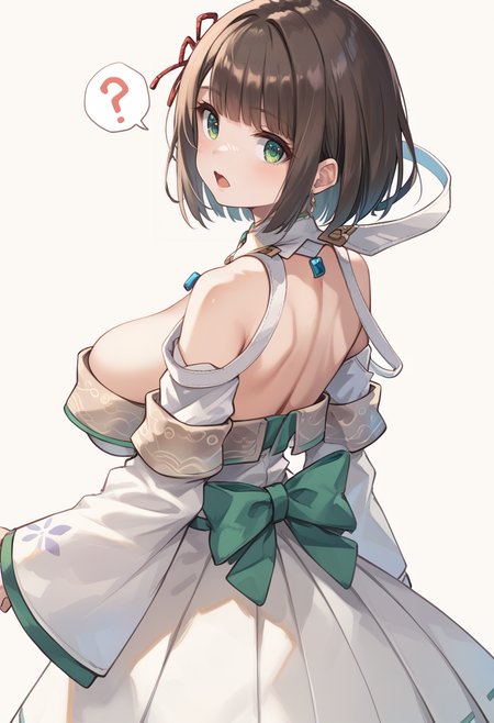 (score_9:0.9),score_8_up,score_7_up,rating_safe,anime style,(zPDXL),<lora:Xb3 miyabi ponyXL v1:0.82>,miyabi xb3,white detached sleeves,white dress,white detached collar,red hair ornament,solo,1girl,simple background,huge breasts,looking back,black pantyhose,white background,open mouth,from behind,?,