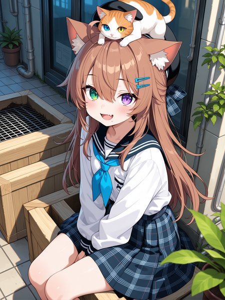 1girl,original,ahoge,animal,animal ear fluff,animal ears,black bow,black hat,blue neckerchief,blue necktie,blush,bow,brown hair,cat,fang,grate,hair ornament,hairclip,hat,heterochromia,industrial pipe,long hair,looking at viewer,mole,mole under mouth,neckerchief,necktie,open mouth,outdoors,plaid,plaid bow,plant,potted plant,purple eyes,sewer grate,skin fang,smile,solo,tile floor,tiles,window,wooden box,green eyes,shirt,white shirt,beret,animal on head,hair between eyes,sitting,cat ears,on head
,masterpiece,best quality,amazing quality,