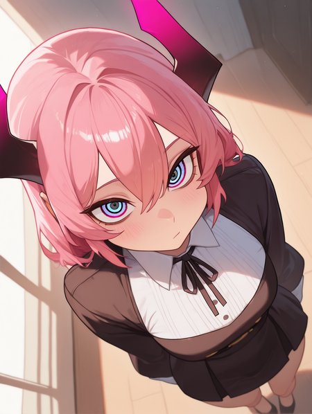 Mevak_PS, CivChan, 1girl, civchan, looking at viewer, relaxing, from above, dynamic angle, pink hair, horns, neon horns, mecha horns,
BREAK (masterpiece), (best quality), (ultra-detailed), amazing quality, very aesthetic, illustration, perfect composition, intricate details, absurdres, incredibly absurdres, high resolution, ultra-detailed, newest, extremely detailed eyes, beautiful, perfect lighting