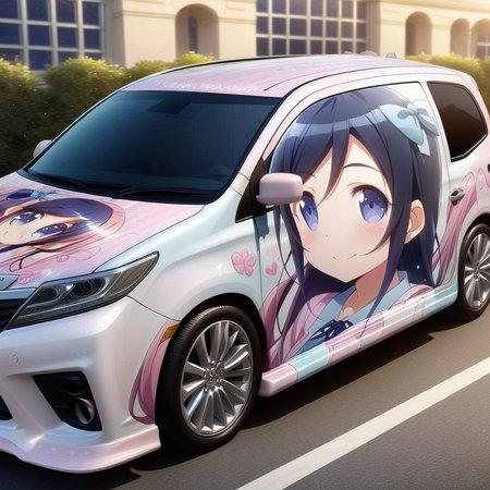 aragaki ayase,smile, from side(lapping car,print car,painted car style),masterpiece,best quality, very aesthetic, absurdres,  ultra detailed  <lora:Ayase_Aragaki_-_Oreimo:0.7> <lora:lappingcar:1>