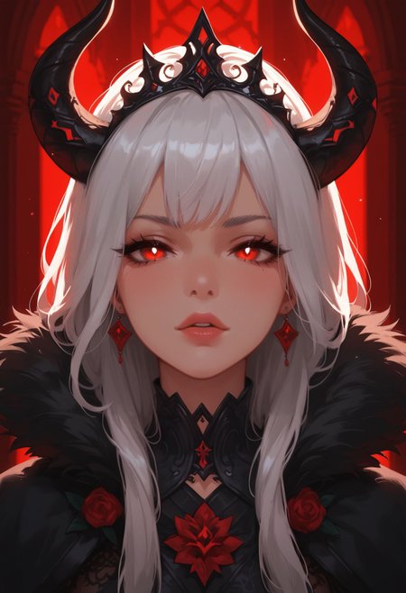 zPDXL3,   fantasy illustration, dramatic lighting, intricate details, highly detailed, 8k resolution, trending on artstation, masterpiece, post-processing techniques, depth of field, ambient occlusion, uncensored BREAK
stunning woman, long hair, silver hair, sharp features, black lace bodysuit, voluminous black fur cape, dark eyes, intense eyes, glowing eyes crown-like headdress adorned with horns, throne room, close-up, dynamic angle <lora:princess_xl_v1:1> <lora:Expressive_H:0.65> <lora:g0th1cPXL:0.45>  <lora:MonoriRogue_Style:0.5>  <lora:AIイラストおじさん:0.2>