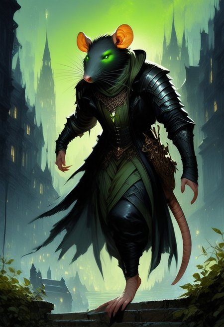 BREAK score_9, score_8_up, score_7_up,  victorian city, night, ominous, solo,  rat man, black longcoat, wearing goggles, green glow eyes, hood, dynamic pose, leaning forward, fully body shot , leather armour, sneaking, full body shot, (one tail: 1.5)
(masterpiece, best quality, ultra detailed, intricate details:1.2), (detailed face:1.1), (rat folk:1.5)