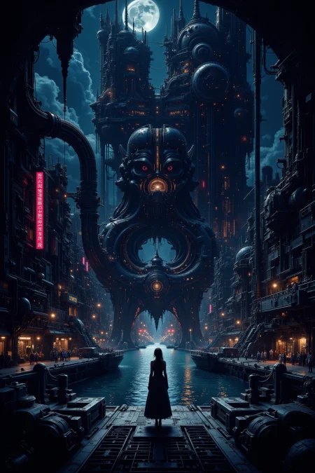 port docks,beautiful misterious futuristic sci-fi cyberpunk landscape, bright luminous night, woman, very intricate, very detailed, sharp, colorful, <lora:Hand v2:0.5> <lora:Anti-Blur:1><lora:Insane Detail Slider:0.25>  <lora:flux.1_lora_flyway_Epic-detail_v2:0.3> <lora:fluxenhancer:0.25><lora:The_Dark_Side_Of_The_Future:0.4><lora:Neurocore Anime Cyberpunk v2.0:0.5> A digital artwork in the style of cknc