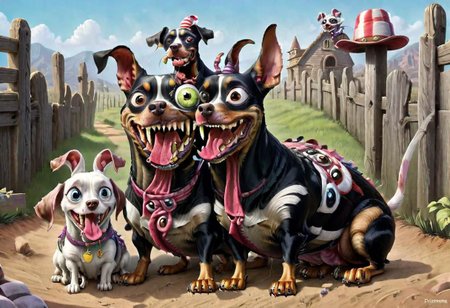 photorealistic high details, siamese twins fleshmutant skinny fuzzy baby mooron mad random color smiling lady dobermann full tail and full ginormous ears, shortest legs, high with meth, striped black and white, dog abomination with huge eyes , wearing an italian fancy hat,art by pixar , biotech inserts, fighting a big rabbit hidden in a hole in the big yellow wall, all inside an italian gim <lora:Fleshmutant_R2-000003:1>