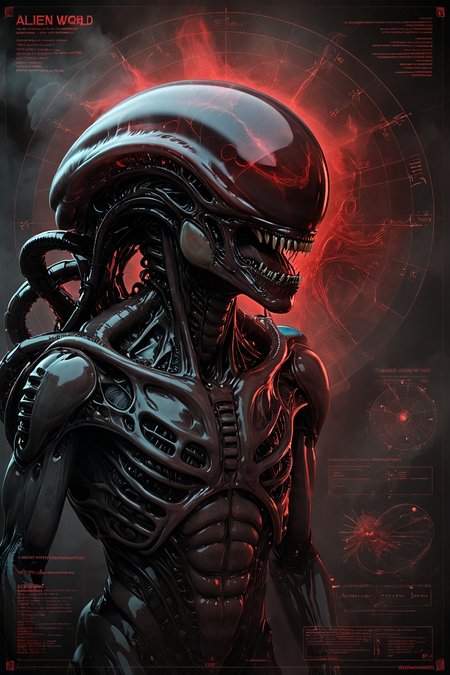 an alien world,  <lora:chdmchlwrd:0.5> Dark art, chdmchlwrd,  <lora:Dark_Anime:0.5> <lora:dvr-trd:0.5> dvr-trd, red ink, complex, xenomorph, shrouded in dark moke, black smoke, parchment, diagram, detailed schematic, readouts, overlays, HUD,