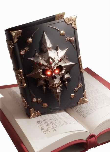 MagicItem_v1 <lora:MagicItem_v1-000002:0.7>(white background), book, tome, metal cover, incrusted gems, sinister, evil, black, demonic, scary, hellish