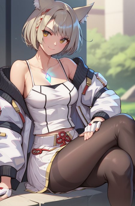 1girl, <lora:Mio_Xenoblade_PONY_v1:1>, (mio_xenoblade), short hair, skirt, animal ears, jacket, pantyhose, pleated skirt, cat ears, white skirt, white jacket, tank top, camisole, leggings, white tank top, white camisole, solo, (medium breasts:0.9), (sagging breasts:0.2),  (suspension:1.1), (pov:1.1), smile,
best quality, masterpiece, (score_9), (score_8_up), (score_7_up), source_anime, (anime), (anime screencap:1.2), anime coloring,