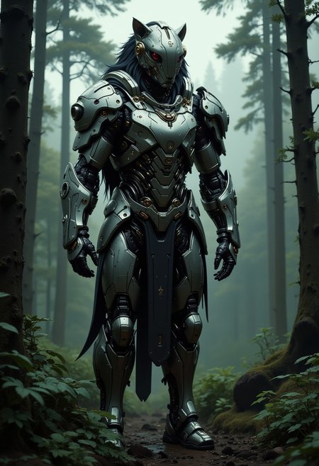 The image is a highly detailed, photorealistic CGI rendering of an anthropomorphic lion, depicted in a futuristic, high-tech setting. The lion stands in the center of a dense, misty forest, with tall trees and lush foliage surrounding it. The lion's body is covered in advanced, sleek armor plating, resembling a futuristic, high-tech exosuit.