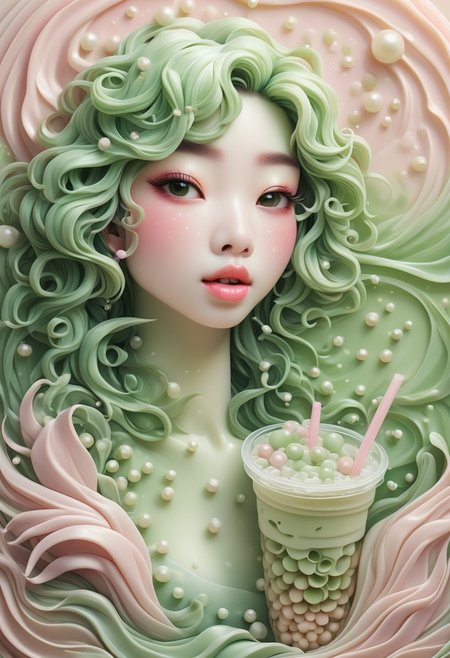 Portrait of a Dreamy Bubble Tea Mermaid, Satin Layers in Pearl White, Pastel Pink, and Matcha Green, Eyes with a Soft Gaze, Straw as a Microphone, Surrounded by Floating Tapioca Pearls and Little Waves of Milk Tea, Glossy Finish, Capturing a Sweet and Surreal Underwater Melody