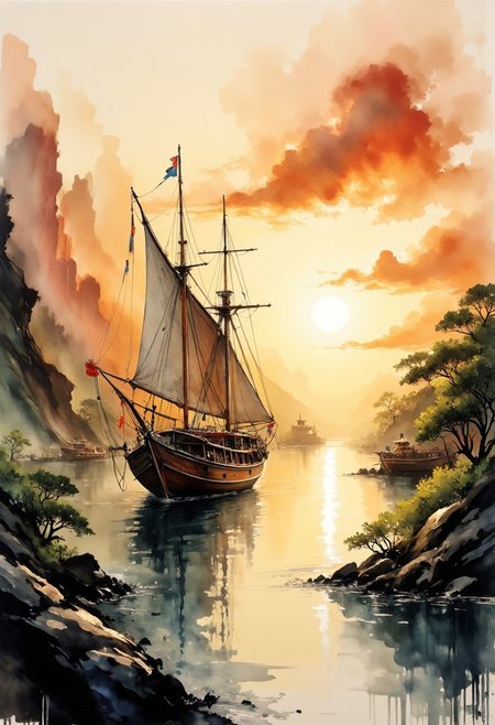 A dinkfsn style ink wash painting,  intricate linework with expressive contrasts, inksketch of a Chinese Junk sailing into a south-east asian medieval harbour, sunset