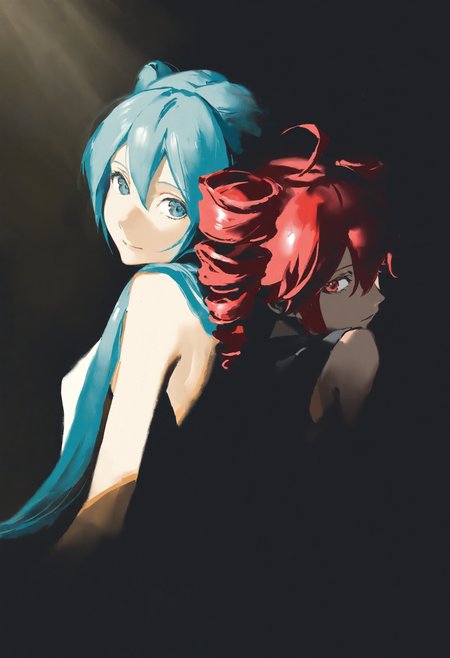 painterly, artist:[caravaggio|adam de coster|yoneyama mai|cursedweeboo|daodtt|diao \(nrays\)|ravine bells],
2girls, hatsune miku, blue hair, twintails, sitting, upper body, back-to-back, looking to the side, looking at viewer, leaning back, bright, sunlight, 
newest, impasto, brushstroke, impressionism, chiaroscuro, oil painting \(medium\), newest, absurdres, masterpiece, very aesthetic