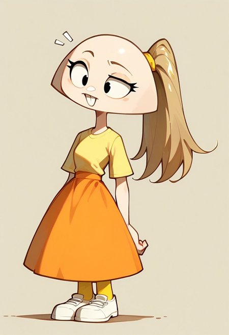 score_9, score_8_up, score_7_up BREAK pegTO, 1girl, bald head, black eyes, yellow hairclip, light brown ponytail, ponytail, buckteeth, bucktooth, no jaw, no lower jaw, half head, jawless, yellow longsleeved shirt, orange skirt, yellow socks, white shoes,