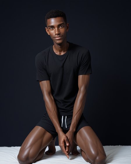 score_9, score_8_up, score_7_up, score_6_up, score_5_up, score_4_up, rating_questionable, 
<lora:Jabstyle_AMXLV1:1>,Jabstyle,
intricately detailed, photo studio with black backdrop, black background,
1boy(human, glistening skin, handsome, sexy, seductive, posing, looking at the viewer, friendly expression, kneeling,
black skin, african, 
twink, slender, 
loose t-shirt, shorts),
depth of field, 
<lora:xl_more_art-full_v1:0.4>,
<lora:add-detail-xl:0.4>