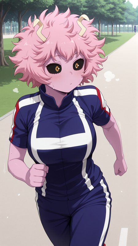 masterpiece,best quality,amazing quality, 1girl, solo,  <lora:znkAA:1> illuashido, short hair, pink hair, horns, pink skin, black sclera, yellow eyes, track pants, blue sportswear, u.a. gym uniform, jogging, sweat, park,