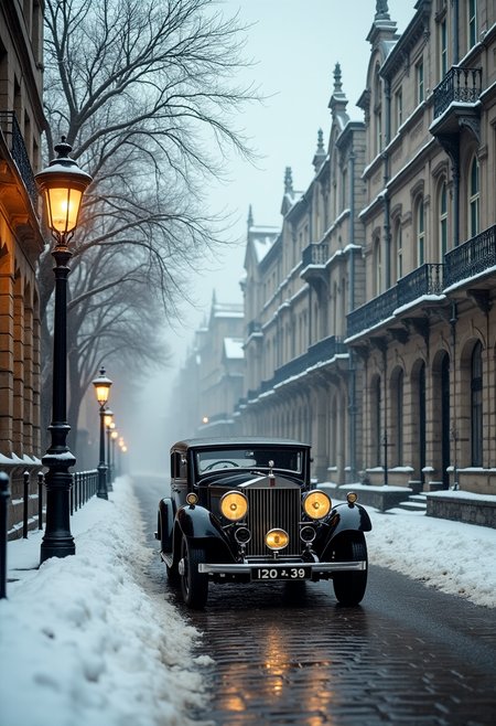 high-resolution photograph capturing a vintage scene in a snow-covered European street, likely from the early 20th century. The central focus is a classic black car, possibly a Rolls-Royce, with a polished chrome finish and large, round headlights. The car is parked on a slick, wet cobblestone street, with a yellow license plate reading "120-3" visible. The street is flanked by ornate, historical buildings with intricate stone facades and pointed, snow-covered roofs. These buildings feature large windows and decorative iron balconies, adding to the historical charm., To the left, a vintage street lamp with a glowing yellow light casts a warm glow onto the snow, enhancing the scene's nostalgic atmosphere. Bare trees line the street, their branches stark against the overcast sky. The sky itself is a muted, pale blue, indicating a cold, wintry day. The overall color palette is dominated by shades of gray, white, and dark brown, with subtle hints of yellow from the lamp and car lights. The texture of the snow and the wet cobblestones adds depth to the scene, while the architectural details of the buildings and the vintage car contribute to a sense of timelessness and historical elegance.