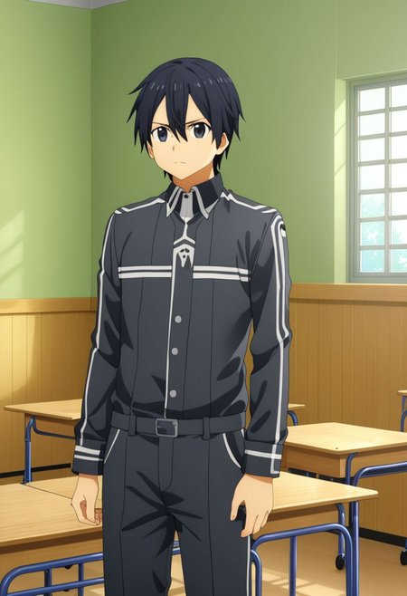 high resolution, professional photography, best quality, 1Boy, Kirigaya Kazuto, Black Hair, Black Eyes, overalldetail, classroom, school, school uniform
