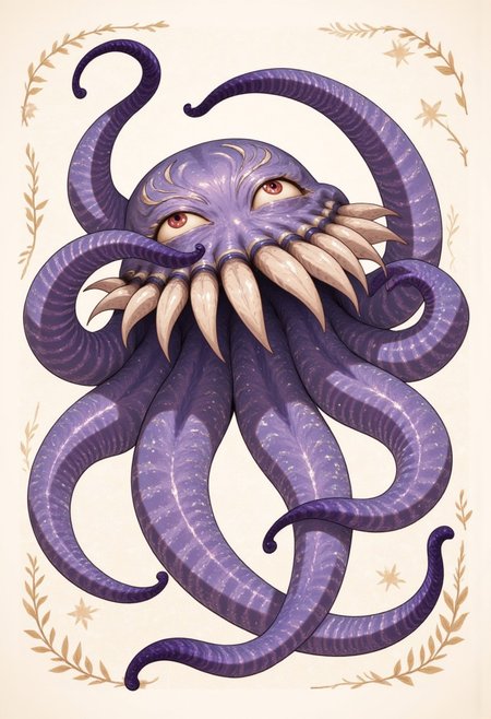 Whimsical, storybook-inspired folk art with flowing, dreamlike details. 8-tentacled purple octopus