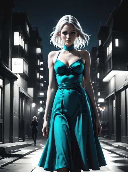 sincitystyle,
score_9, score_8_up, score_7_up,  BREAK source_anime, 1girl, clothed, aqua blue dress,white hair glow,night,under light,spotlight,,close up
,<lora:SinCityStylePony:0.8>,