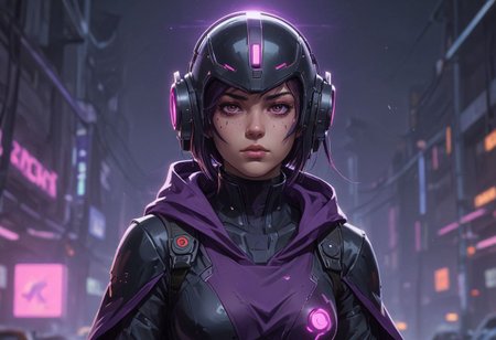 Concept art of a fighting game, female wears cyberpunk cyclops helmet, wears purple cape, volumetric light, detailed <lora:Modern_Cartoon_Style:0.3>,    highly detailed,  vibrant colors , 8k,   sharp,  professional, clear,   high contrast, high saturated, vivid deep blacks, crystal clear