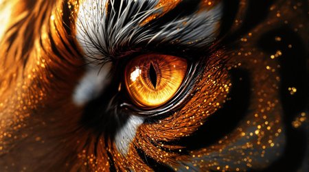 (highly creative and detailed pixel texture), rough texture, gold edge etching, a creative and masterful anime painting, eye of the tiger girl, tiger ears, hair whiskers, orange eyes, gold eyes, gradient eyes, dark skin, highly detailed, hyper-focus, detailed eyes, detailed skin, clean and perceptive, monochrome, black and orange, gold highlights, fluffy hair, big hair, colloidal silver blacklight gradient color tone, smooth background color, film grain overlay foreground, highest stylish anime quality