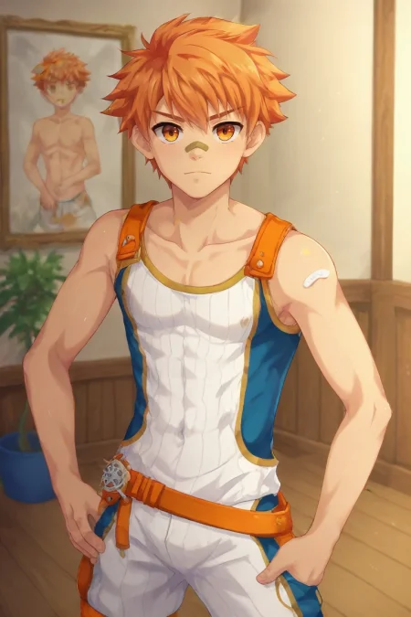 score_9, score_8_up, score_7_up, , rating_safe, , (photorealistic:0.6), looking at viewer, depth of field, 1boy, solo, male focus, <lora:jirou_camp_buddy_pony:0.98>, jirou_camp_buddy, orange hair, orange eyes, bandaid on nose, art gallery, paintings, sculpture displays, high ceiling, admiring pose, thoughtful expression, indoor lighting, , <lora:sdxl_lightning_8step_lora:1>