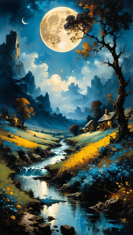 landscape by Gustave Moreau, Thomas Kinkade, James Gurney. Carne Griffiths. Frank Frazetta. van gogh, Alberto Sevesooil paint, masterpiece, Realistic, deep colors, blue tint, only bronze gold moon, night scenery, fields, Field, Intricate, detailed, sharp, clear, Better image quality, harsh brush strokes<lora:xl_more_art-full_v1:0.5>