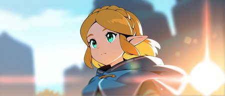 masterpiece, best quality, good quality, newest, the legend of zelda, Zelda, 1girl, solo, very aesthetic, backlighting, lens flare, (solo focus:1.2),  depth of field, cinematic,
