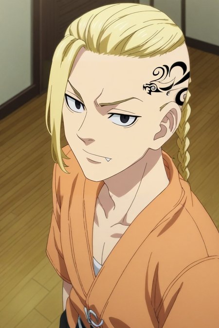 score_9, score_8_up, score_7_up, source_anime, rating_safe, , anime screencap, anime coloring, official style, looking at viewer, , 1boy, solo, male focus, <lora:ken_ryuuguuji_pony:0.82>, ken_ryuuguuji, blonde hair, black eyes, braid, single braid, braided ponytail, tattoo, long hair, from above, dining room, dawn, the pose, skin fang, , <lora:sdxl_lightning_8step_lora:1>